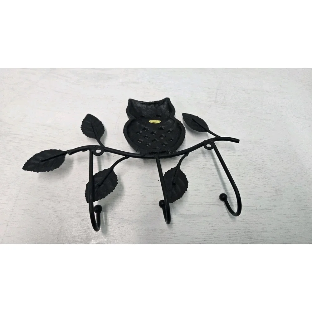Metal Owl Wall Hook with 3 Hangers Wrought Iron Owl on Branch with Leaves